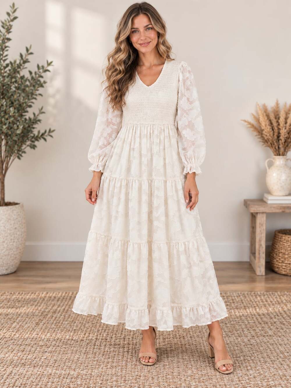 Polagram Ivory Floral Smocked Tiered Maxi Dress Long Sleeve V Neck Small